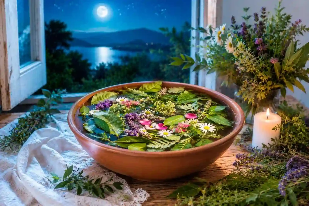Cuenco con agua de San Juan y hierbas frescas preparado para rituales de protección, limpieza y renovación en la noche de San Juan.