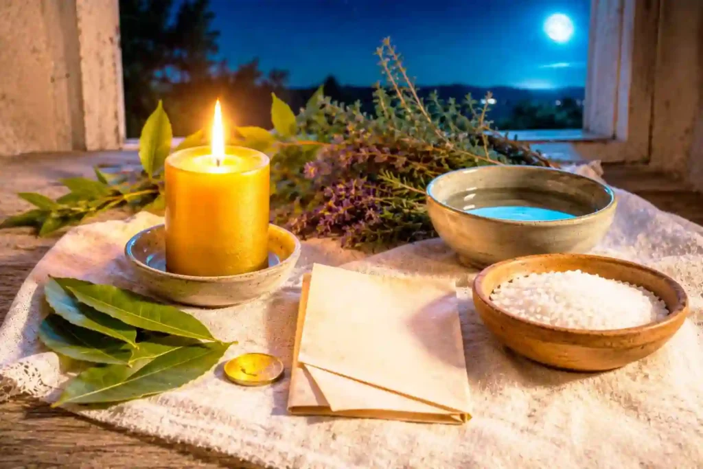 Altar ritual de San Juan con vela dorada, laurel, moneda, sal, agua y petición bajo la luz de la luna.