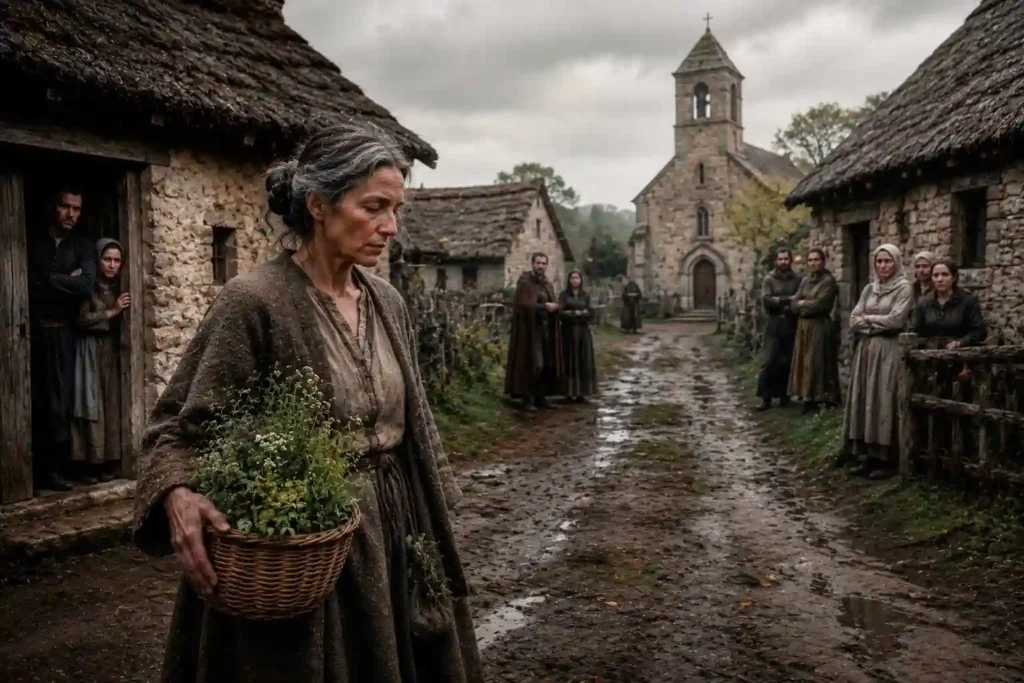 Mujer medieval con cesta de hierbas observada con desconfianza por vecinos en una aldea, símbolo de la bruja demonizada y la sospecha social