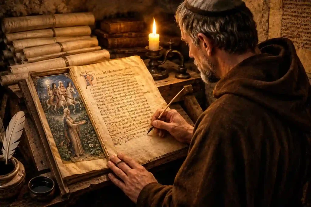 Monje medieval copiando un manuscrito relacionado con el Canon Episcopi y la visión cristiana de la brujería