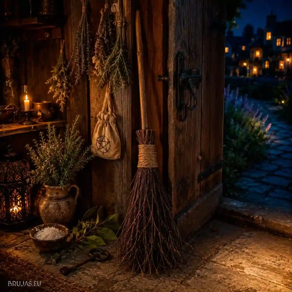 Escoba natural detrás de una puerta antigua con hierbas y sal como símbolo de protección del hogar