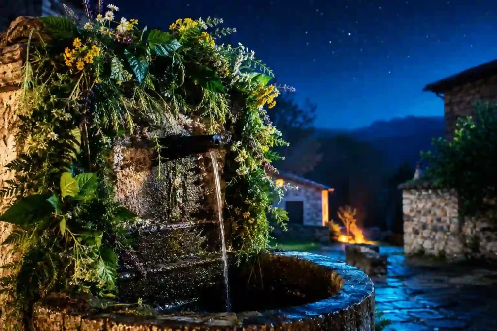 Fuente de piedra enramada con flores, ramas y hierbas durante la noche de San Xuan en Asturias.