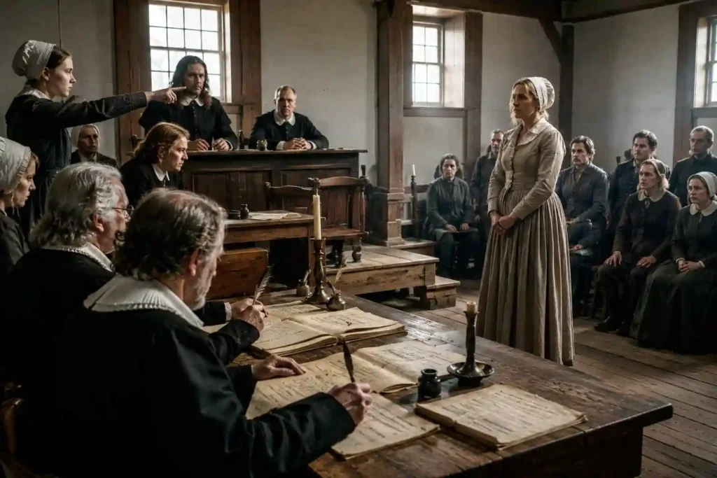 Sala de juicio puritana con magistrados, escribanos y una mujer acusada durante los juicios de Salem