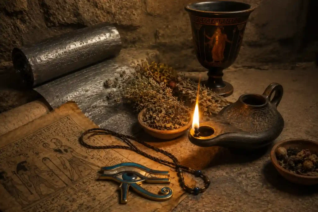 Papiro egipcio, Ojo de Horus, lámpara antigua y láminas metálicas evocando la magia en Egipto, Grecia y Roma