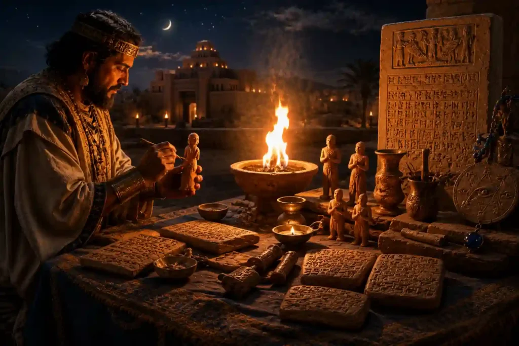 Sacerdote mesopotámico realizando un ritual nocturno con figurillas, fuego y tablillas contra el maleficio