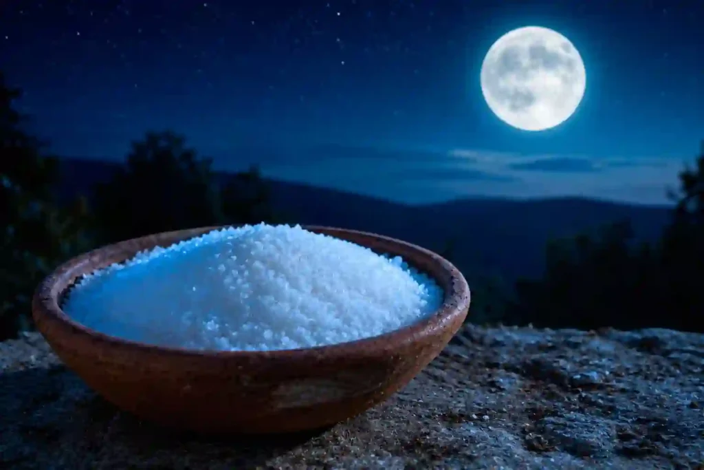 Cuenco de barro colmado de sal de San Juan bajo una luna grande y un cielo estrellado.