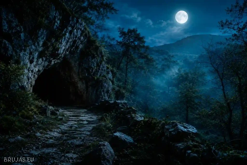 Cueva iluminada por la luna en un paisaje boscoso del norte como símbolo de Zugarramurdi y el aquelarre vasco-navarro