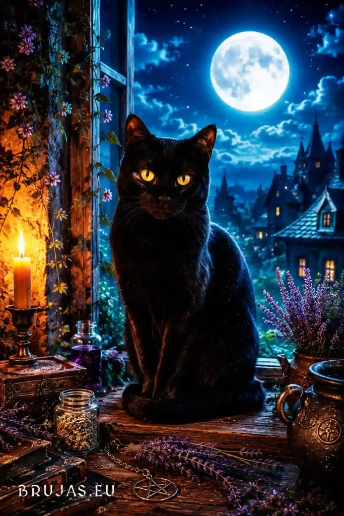 Gato negro sentado junto a una ventana iluminada por la luna llena, en una escena nocturna mágica y serena.