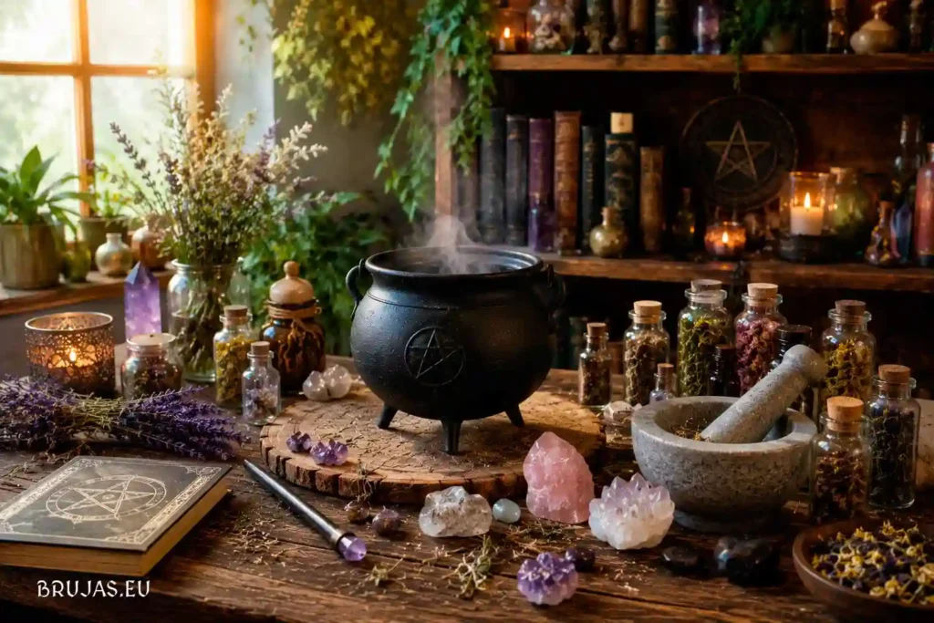 Caldero negro sobre una mesa ritual moderna con cuarzos, frascos de hierbas, mortero de piedra, libros y luz natural de una ventana.